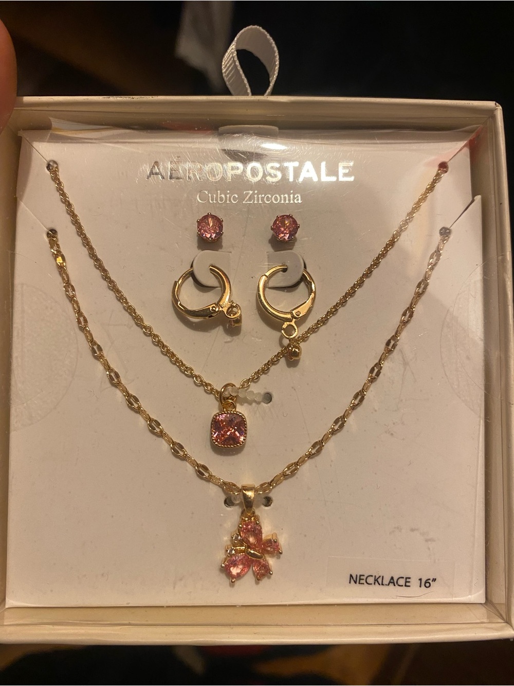 Aeropostale Gold-Tone Layered Necklace and Earring Set with Pink Stones